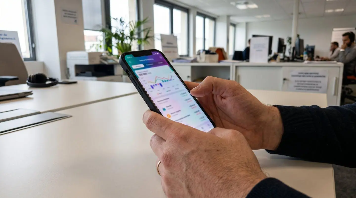 Gros plan sur les mains d'une jeune personne consultant une application bancaire sur smartphone, écran flouté, lumière naturelle