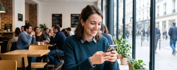 Un jeune homme d'environ 26 ans, souriant, consulte son smartphone dans un café moderne baigné de lumière naturelle