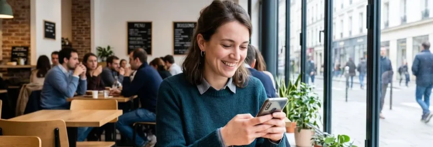 Un jeune homme d'environ 26 ans, souriant, consulte son smartphone dans un café moderne baigné de lumière naturelle