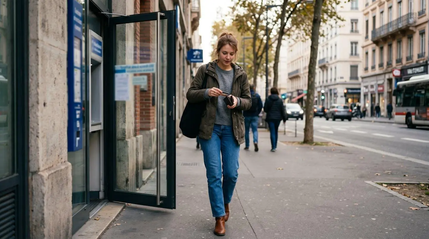 Jeune femme d'environ 25 ans sortant d'un distributeur automatique en ville, carte bancaire à la main, sourire discret