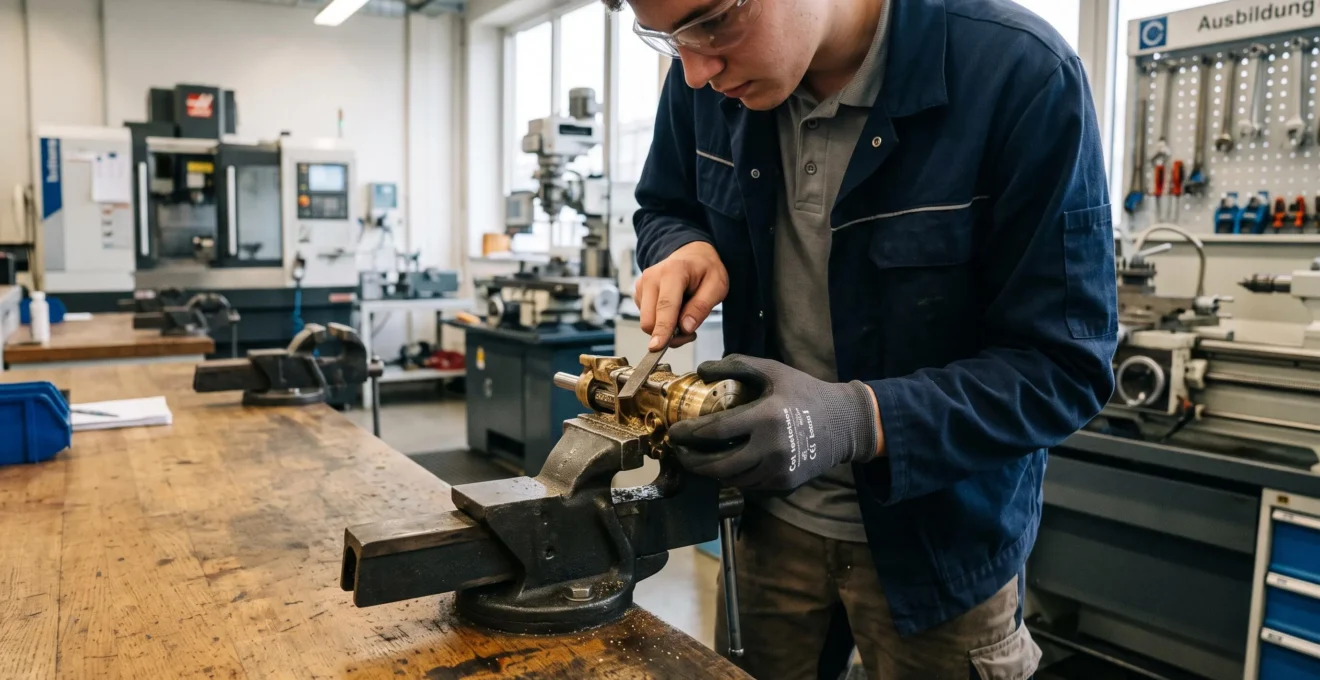 Apprenti technique effectuant un travail précis sur une machine dans une usine.