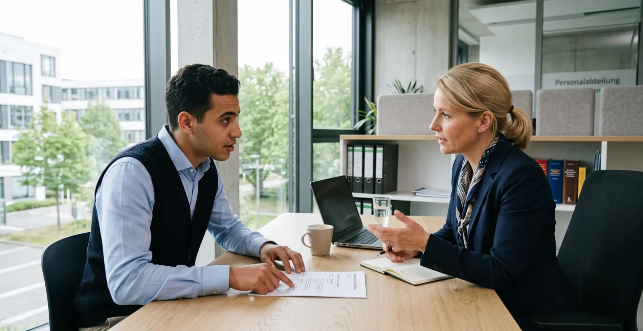 Candidat étranger en discussion de formation professionnelle avec un employeur en Allemagne.