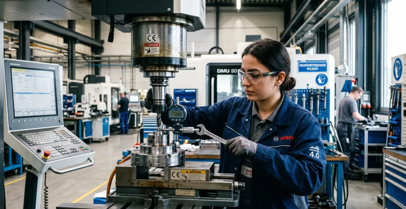 Un jeune professionnel apprend une compétence technique dans un atelier industriel allemand.