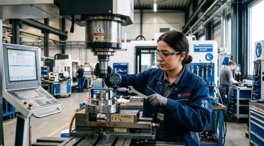Un jeune professionnel apprend une compétence technique dans un atelier industriel allemand.